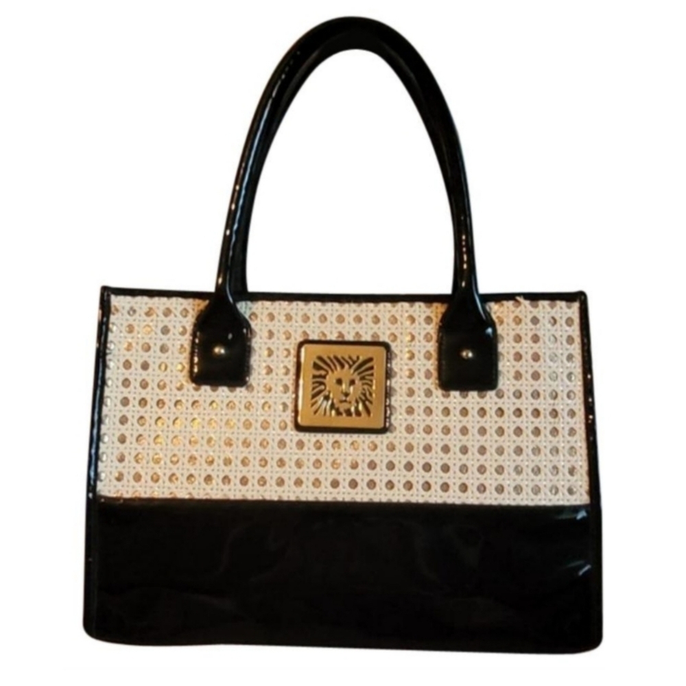 Vintage Anne Klein Lion Head Black‎ Patent and Rattan Satchel